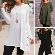 Fashion Solid Color Long Sleeve Round Neck Side-button Irregular Hem T-shirt