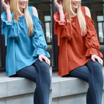 Sexy Off-shoulder Trumpet Sleeve Round Neck Solid Color Loose Top