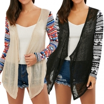 Fashion Printed Spliced Long Sleeve Irregular Hem Cardigan 