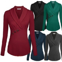 Fashion Solid Color Long Sleeve Lapel Slim Fit T-shirt