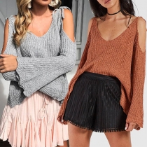 Sexy Off-shoulder Trumpet Sleeve Backless V-neck Solid Color Sweater