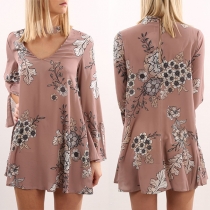 Fashion Trumpet Sleeve V-neck Printed Dress
