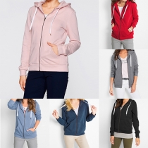 Fashion Solid Color Long Sleeve Hooded Sweatshirt Coat