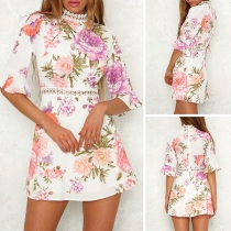Sweet Style Half Sleeve Round Neck Lace Spliced High Waist Slim Fit Printed Dress
