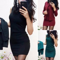 Elegant enfärgad långärmad kappa + ärmlös tight klänning i två delar.