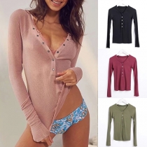 Fashion Solid Color Long Sleeve V-neck Slim Fit T-shirt