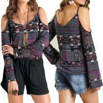 Sexy Off-shoulder Long Sleeve Round Neck Printed T-shirt