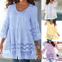 Fashion Lace Spliced 3/4 Sleeve Round Neck Loose Top