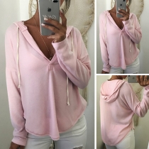 Fashion Solid Color Long Sleeve V-neck High-low Hem Hoodie 