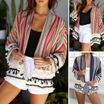 Chic Style Tassel Spliced Long Sleeve Striped Cardigan