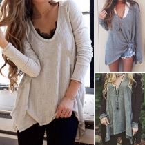 Fashion Solid Color Long Sleeve V-neck Loose Knit Top
