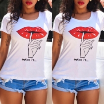 Cute Red-lips Printed Short Sleeve Round Neck T-shirt