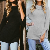 Fashion Solid Color Slit Trumpet Sleeve Turtleneck High-low Hem Sweater