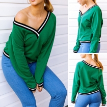Fashion Contrast Color V-neck Long Sleeve Sweatshirt