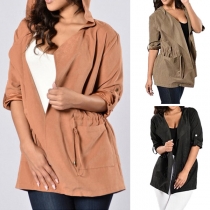 Fashion Solid Color Long Sleeve Elastic Waist Hooded Coat