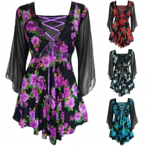 Sexy Lace-up Deep V-neck Half Sleeve Printed Dress