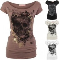 Retro Style Skull Head Printed Short Sleeve Round Neck Slim Fit T-shirt