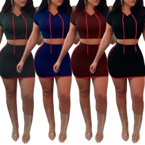 Sexy Short Sleeve Hooded Crop Top + High Waist Skirt Two-piece Set