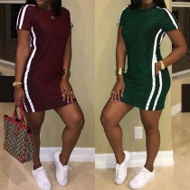 Fashion Contrast Color Short Sleeve Round Neck Sports Dress