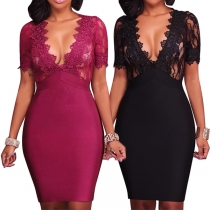 Sexy Lace Spliced Deep V-neck Short Sleeve Slim Fit Party Dress