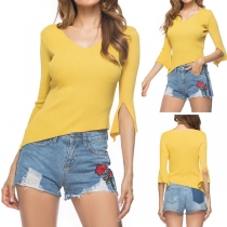 Fashion Slit Trumpet Sleeve V-neck Irregular Hem Knit Top