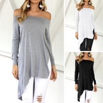 Sexy Off-shoulder Boat Neck Long Sleeve Irregular Hem Solid Color Top