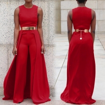 Elegant Solid Color Sleeveless Round Neck High Waist Hem Spliced Jumpsuit