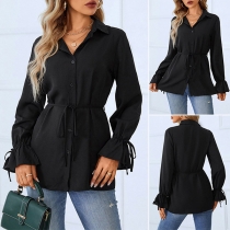 Fashion Contrast Color Trumpet Sleeve V-neck Lace-up Cardigan
