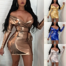 Sexy Off-shoulder Deep V-neck Slit Hem Long Sleeve Mini Tight Dress