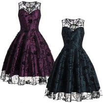 Retro Style Lace Spliced Sleeveless Round Neck A-line Dress