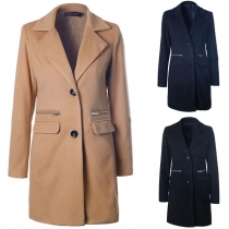 Elegant Solid Color Long Sleeve Single-breasted Woolen Coat
