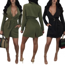 Fashion Solid Color Long Sleeve Lapel Coat with Waist Strap