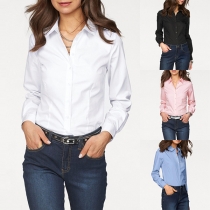 Fashion Solid Color Long Sleeve POLO Collar Shirt 