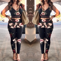 Sexy Sleeveless Crop Tops + High Waist Pants Printed Two-piece Set