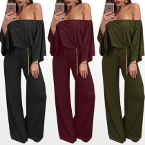 Sexy Off-shoulder Boat Neck Elastic Waist Solid Color Jumpsuit
