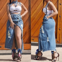 Distressed Style Slit Hem Ripped Denim Overalls Suspender Skirt