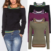 Sexy Off-shoulder Long Sleeve Round Neck Striped Spliced T-shirt 