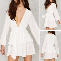 Sexy Deep V-neck Long Sleeve Solid Color Dress