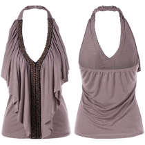 Sexy Backless V-neck Beaded Ruffle Halter Top 