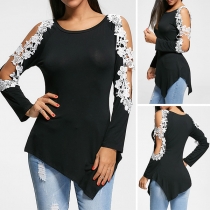 Sexy Hollow Out Lace Spliced Long Sleeve Irregular Hem T-shirt
