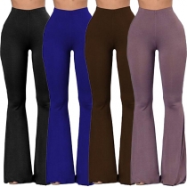 Fashion Solid Color High Waist Lace-up Slit Hem Wide-leg Pants