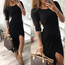 Sexy Slit Hem 3/4 Sleeve Round Neck Solid Color Party Dress