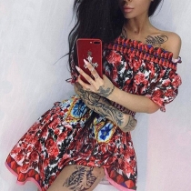 Sexy Off-shoulder Boat Neck Short Sleeve Elastic Waist Printed Dress