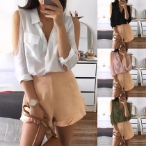 Sexy Off-shoulder Half Sleeve POLO Collar Solid Color Shirt