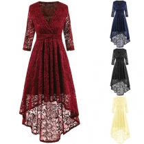 Sexy Deep V-neck 3/4 Sleeve High-low Hem Lace Dress