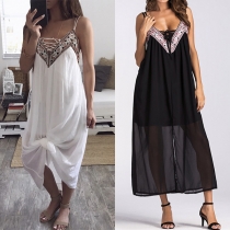 Sexy Backless V-neck Slit Hem Embroidery Spliced Sling Dress