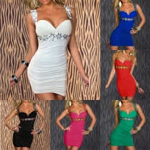 Sexy Backless V-neck Flower Spliced Solid Color Tight Dress
