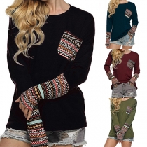 Fashion Printed Spliced Long Sleeve Round Neck T-shirt 