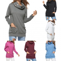 Fashion Solid Color Long Sleeve Heaps Collar Sweatshirt