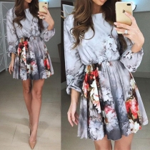 Fashion Long Sleeve Round Neck Elastic Waist Printed Dress